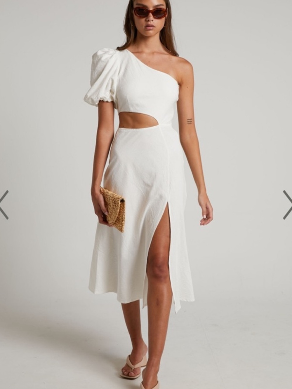 Showpo White One-Shoulder Midi Dress with Puff Sleeve and Cutout